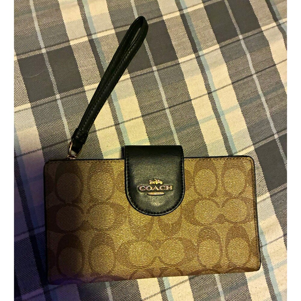 Coach Signature Logo Canvas Brown/Black Wristlet Wallet Organizer Folding